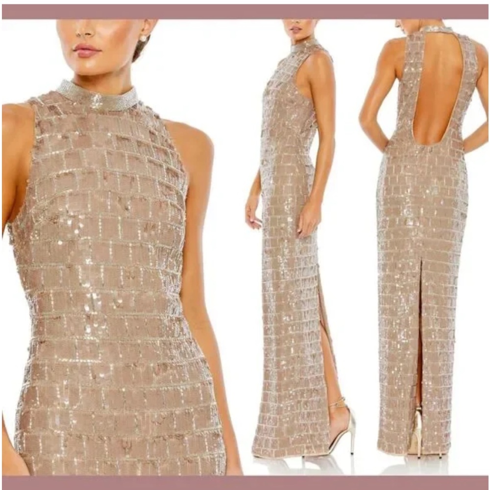 SOLD- MAC DUGGAL Sequined High Neck Sleeveless Column Gown In Taupe Size 6 NWT